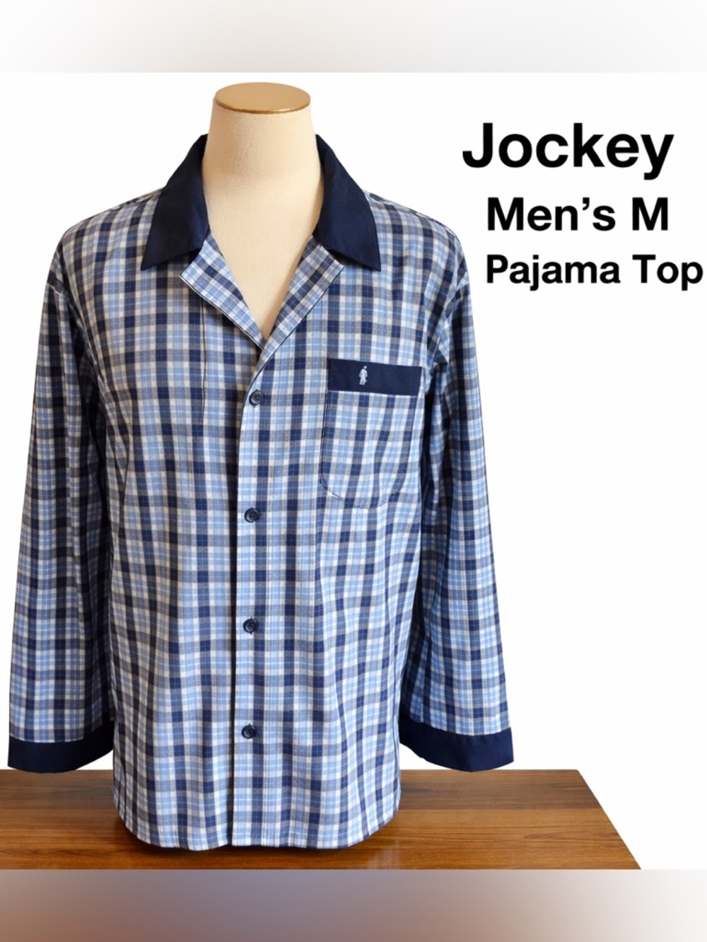 Jockey Men’s M Blue Plaid Pajama Top Button Front Lounge Shirt